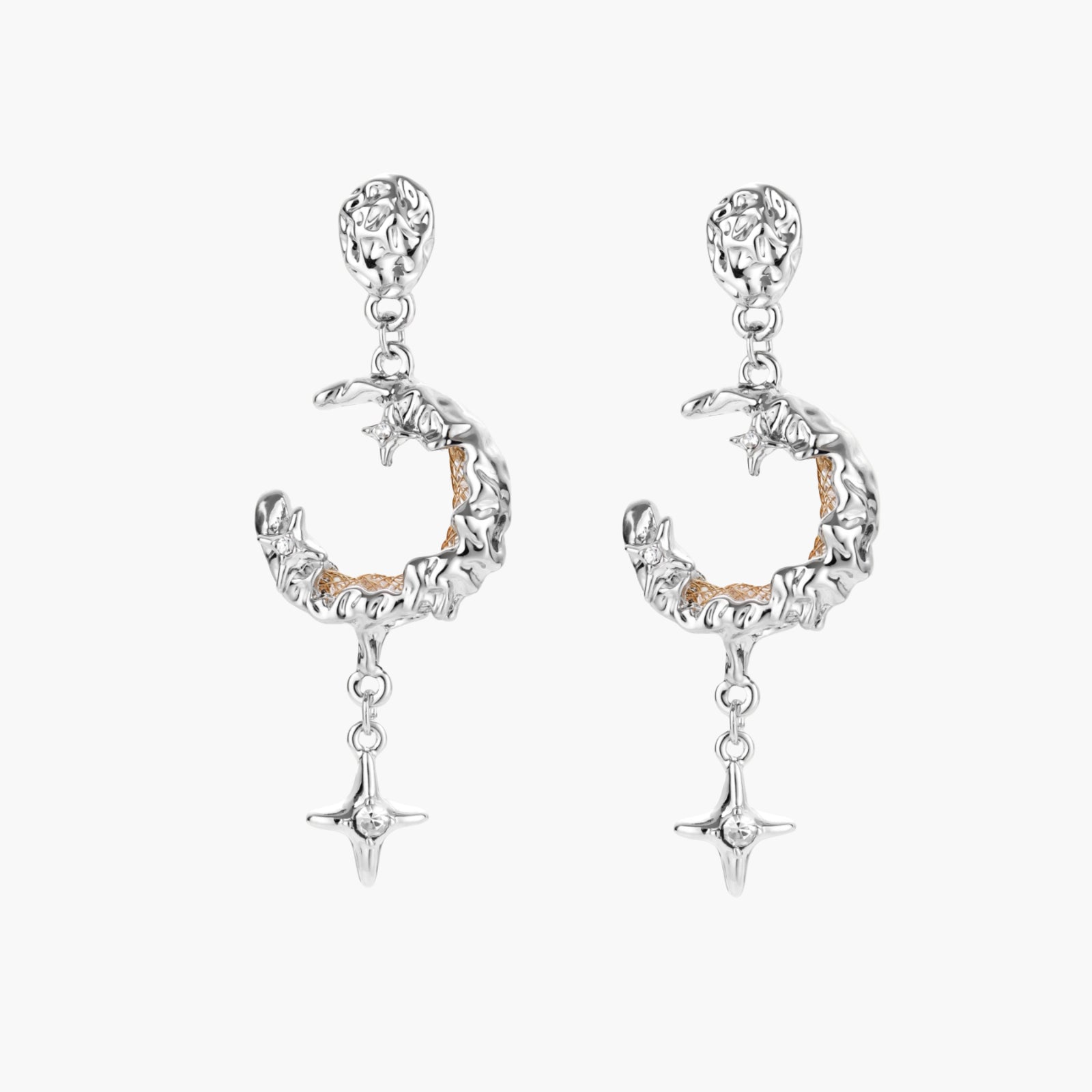 Detailed eco-brass dangle earrings featuring crescent moons with gold rope details and dangling star charms on white background.