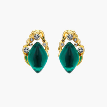 Gold-plated stud earrings featuring teardrop emerald green liuli stones with cubic zirconia crystal accents on white background.
