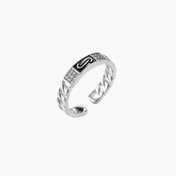 Two adjustable white gold plated rings with chain-link bands, featuring cubic zirconia halo and enamel details